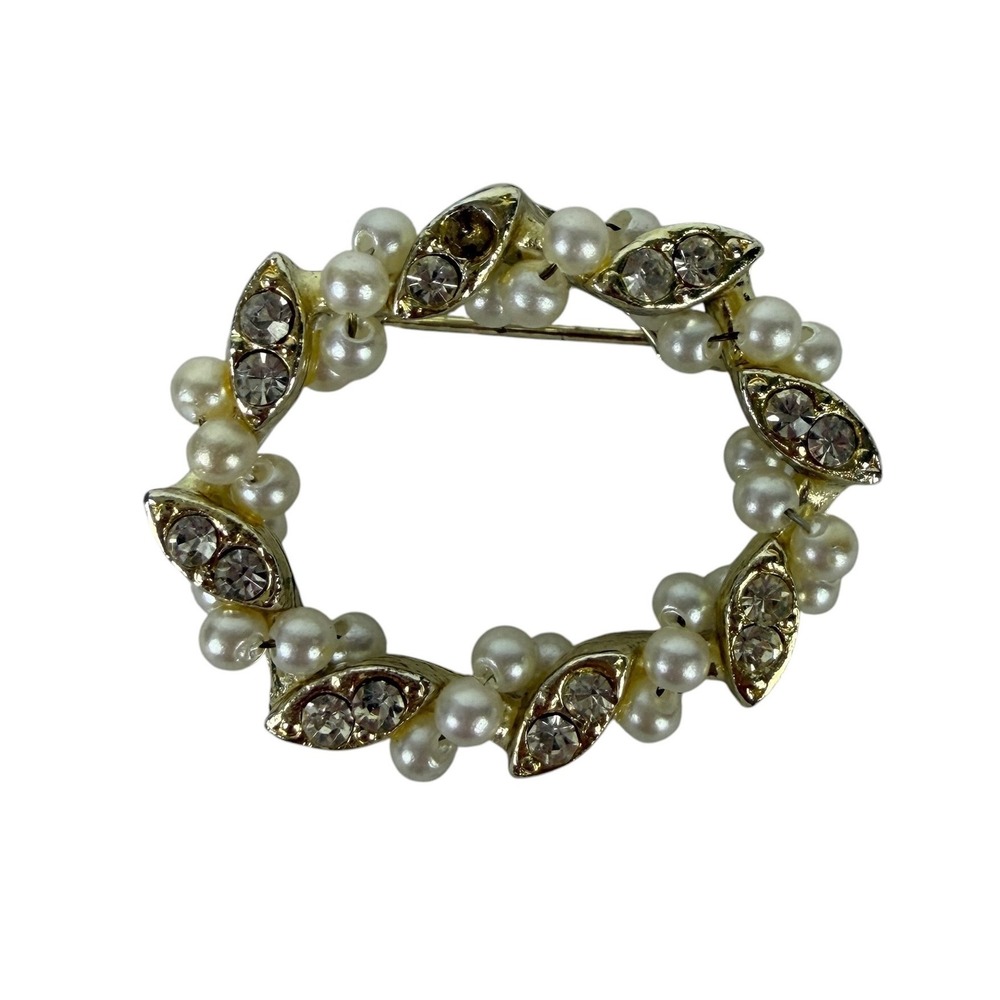 Gold Tone Faux Pearl Rhinestone Wreath Brooch Vintage Style Round Pin‎ Accessory